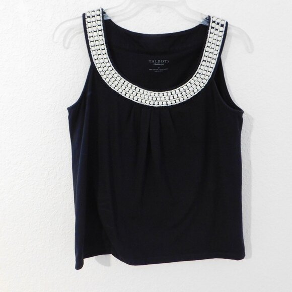 Talbots Womens Black Tank Top Small Beaded Neckline Sleeveless Cotton Blend - Picture 1 of 7